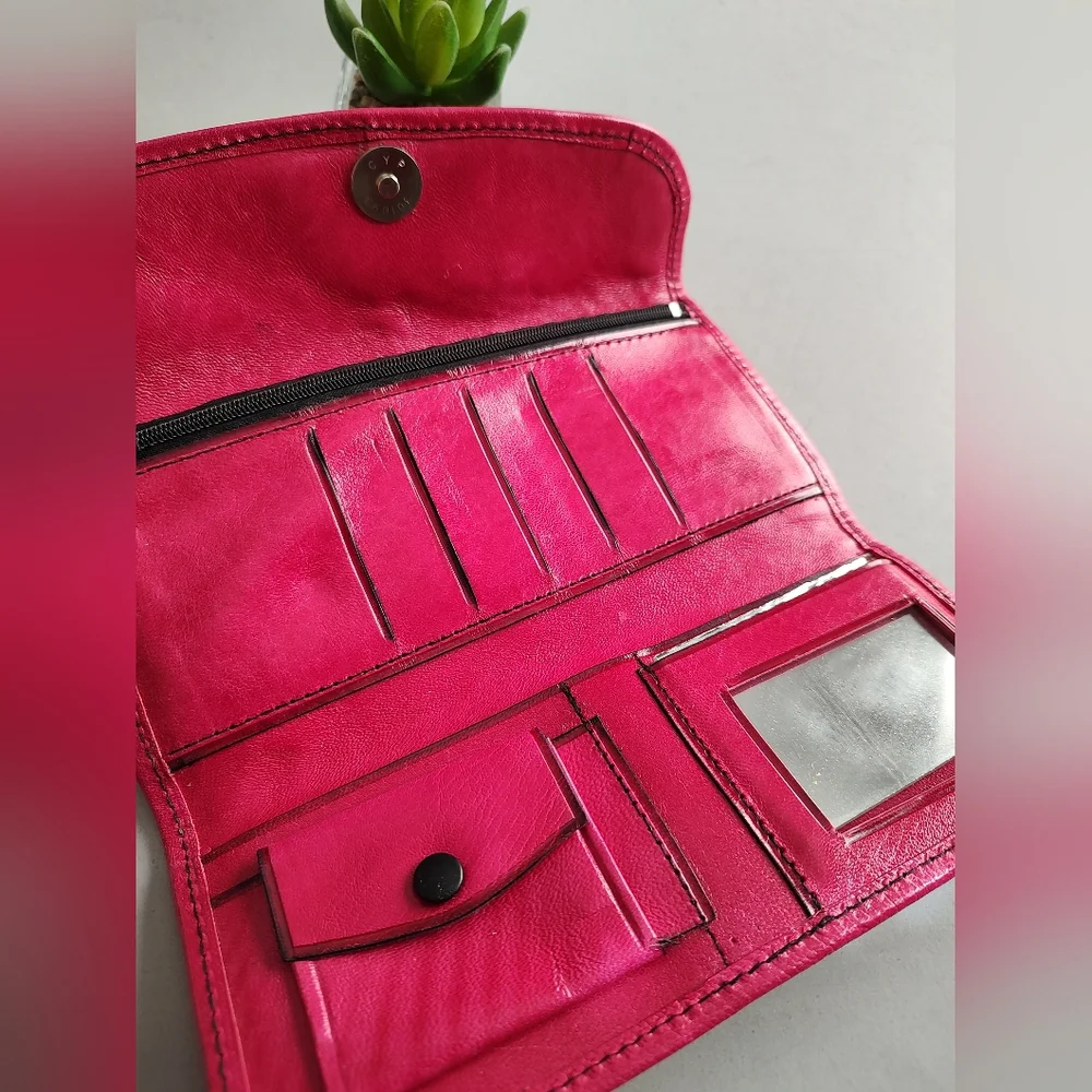 Wallet Leather Embroidery Hand Made By Oaxaca Mexico Color Fiusha  New Artisanal